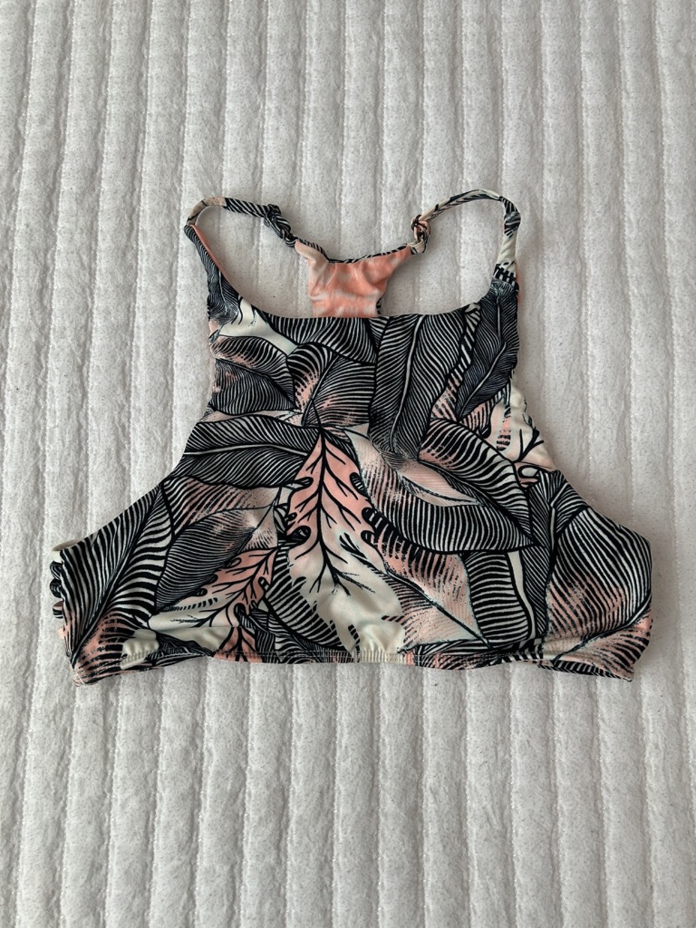 Roxy High Neck Leaf Print Bikini Top in Peach, Black, and Cream